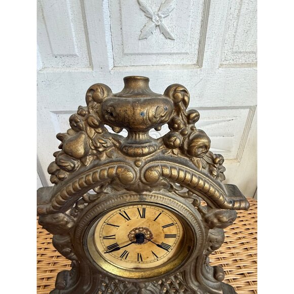 Antique 1880s Cast Iron Gold GIlt Clock Mermaids Womans Face Ornate Running - Picture 8 of 16